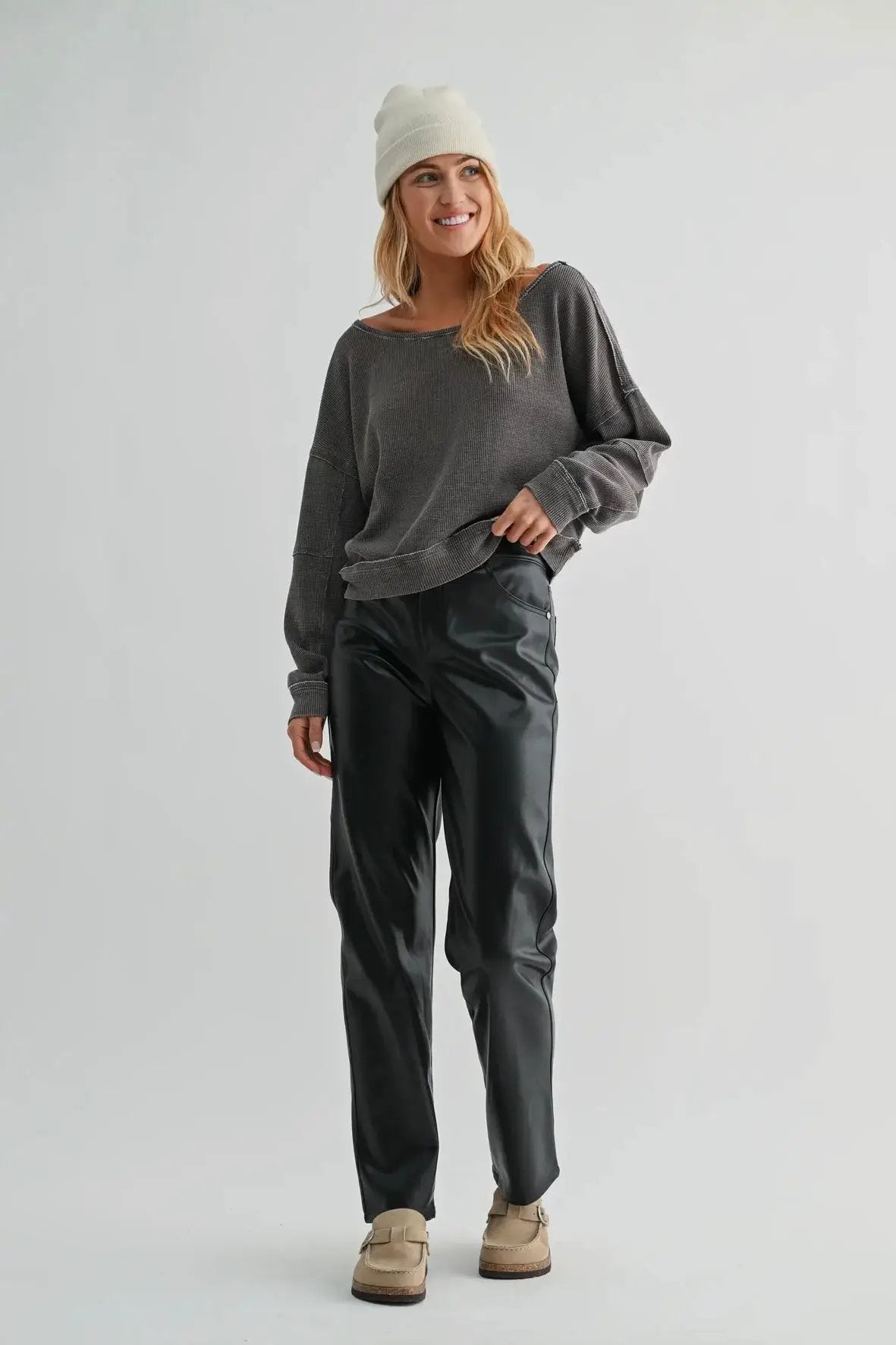 Mono B Mono B - Raw Edge Waffle Knit Boatneck Pullover in Espresso - Sweaters Mono B - Raw Edge Waffle Knit Boatneck Pullover