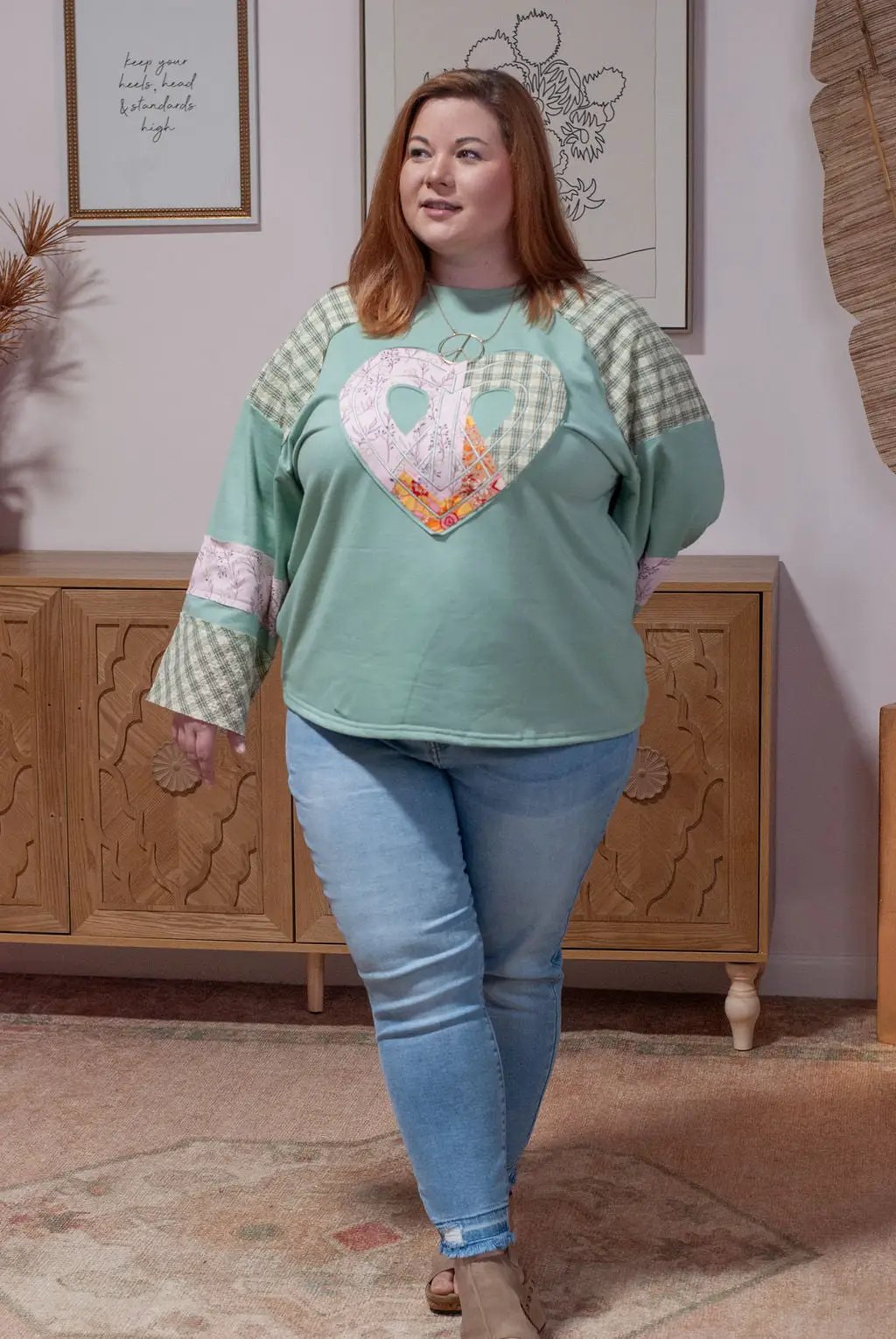 Grateful Threads Boutique Aqua Plaid Floral Peace Heart Graphic Wide Top - Blouses
