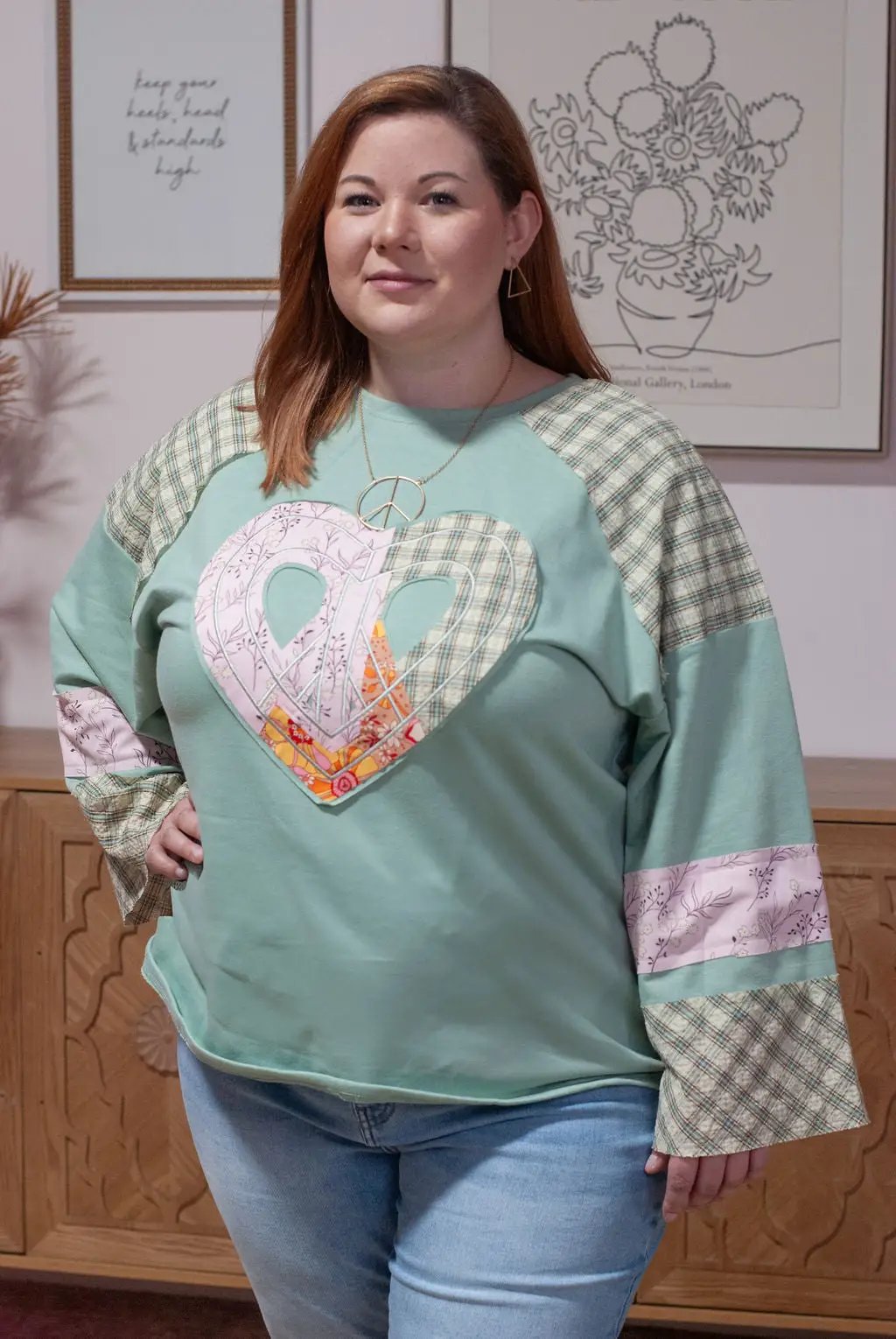 Grateful Threads Boutique Aqua Plaid Floral Peace Heart Graphic Wide Top - Blouses
