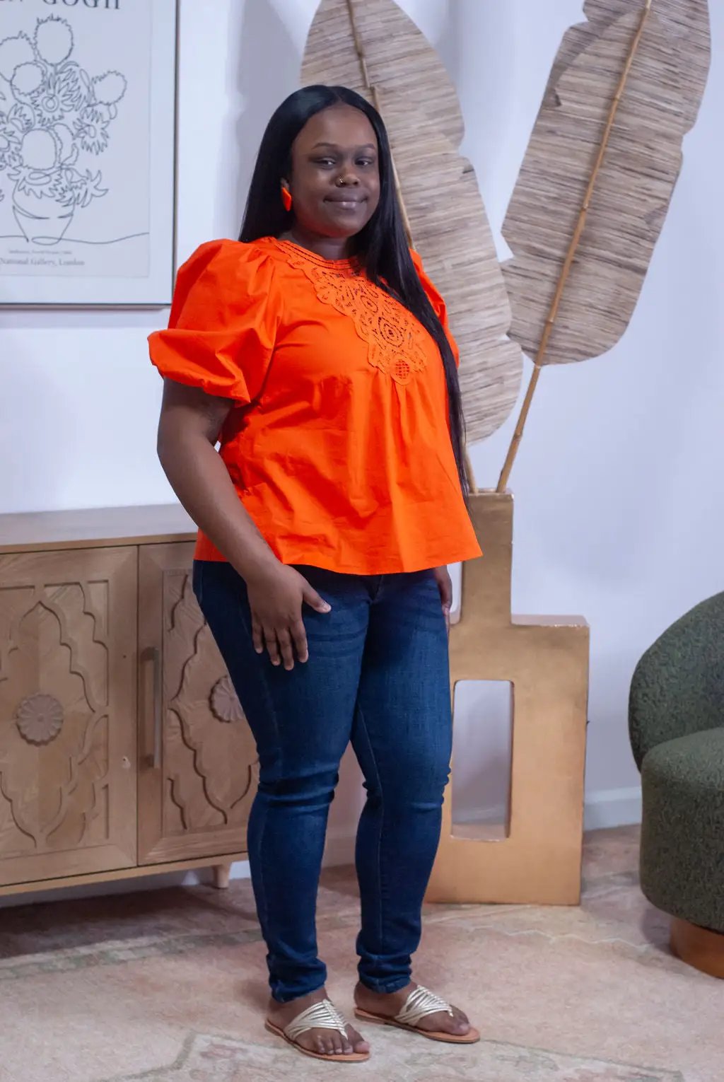 Grateful Threads Boutique Orange Hallowed Lace Splicing Puff Sleeve Blouse - Blouses