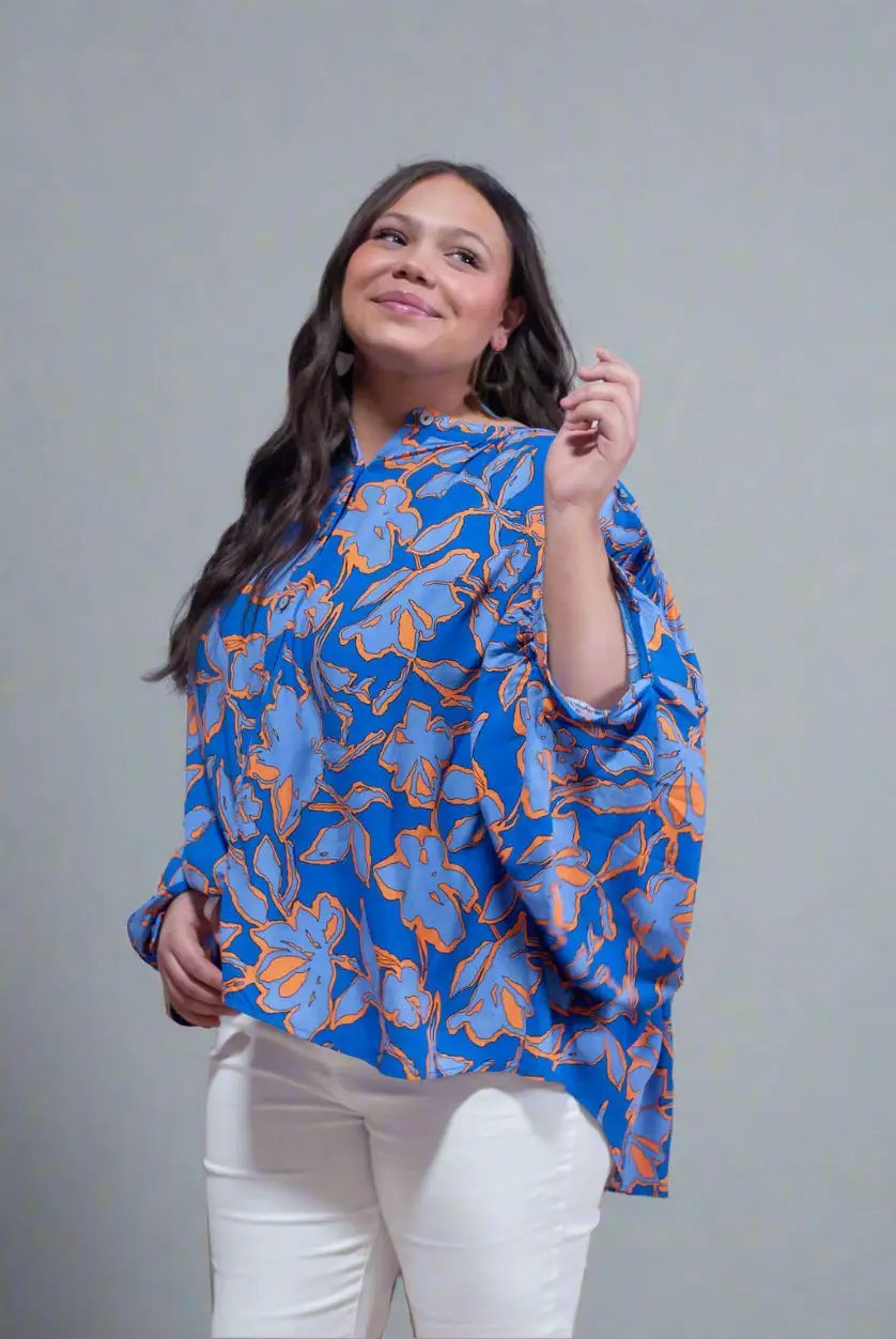 Grateful Threads Boutique Blue & Orange Floral Batwing Sleeve Button-Up Loose Fit Blouse - Blouses