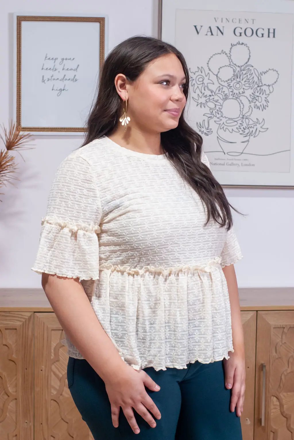 Grateful Threads Boutique Beige Lace Ruffled Peplum Blouse – Feminine, Flirty & Versatile - Blouses