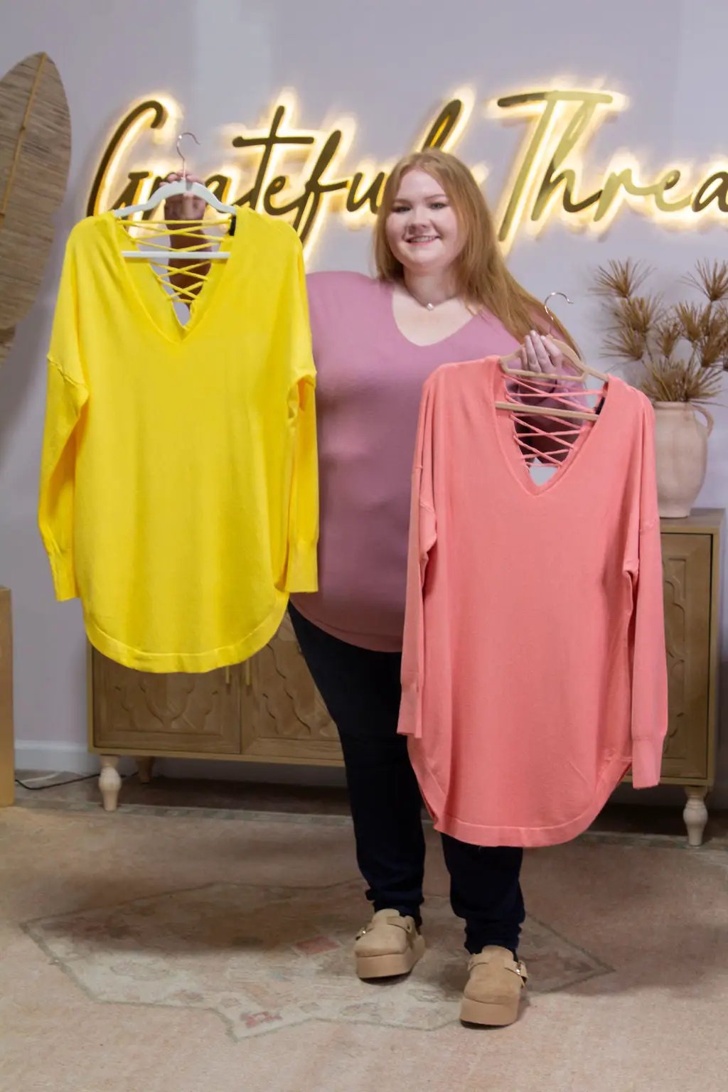 Zenobia Plus Size Lace-Up Back Curved Hem Basic Knit Top - Clothing Tops Plus size Lace-up back knit top