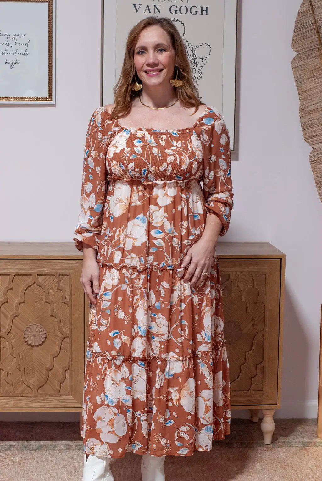Grateful Threads Boutique Brown Floral Print High Waist Maxi Dress - Dresses