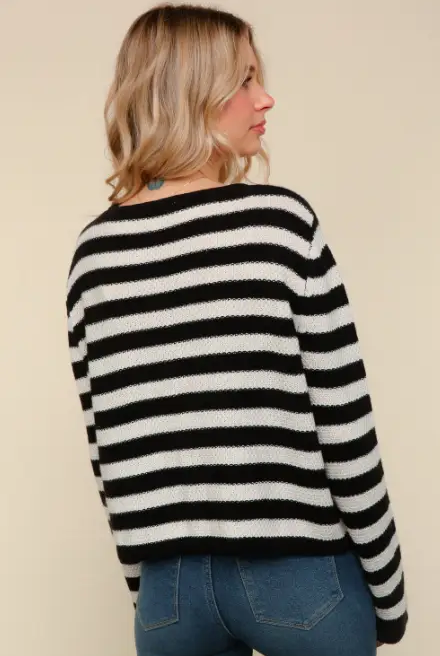 Haptics The Sunday Brunch Stripe Gold Button Cardigan – Black/Oatmeal - Cardigans