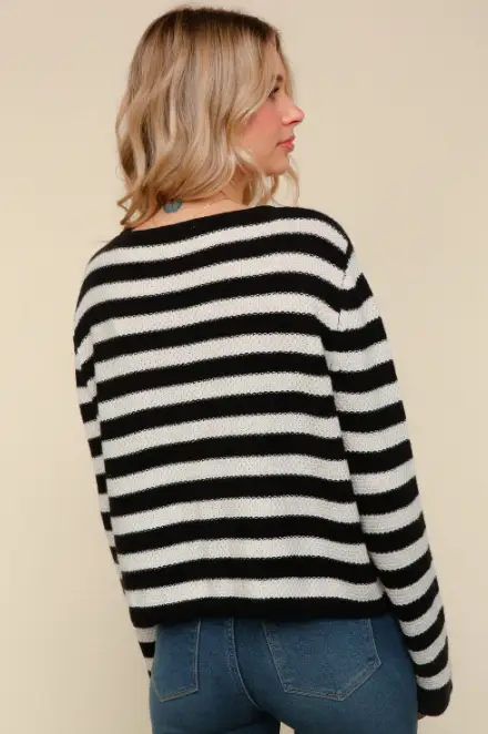 Haptics The Sunday Brunch Stripe Gold Button Cardigan – Black/Oatmeal - Cardigans