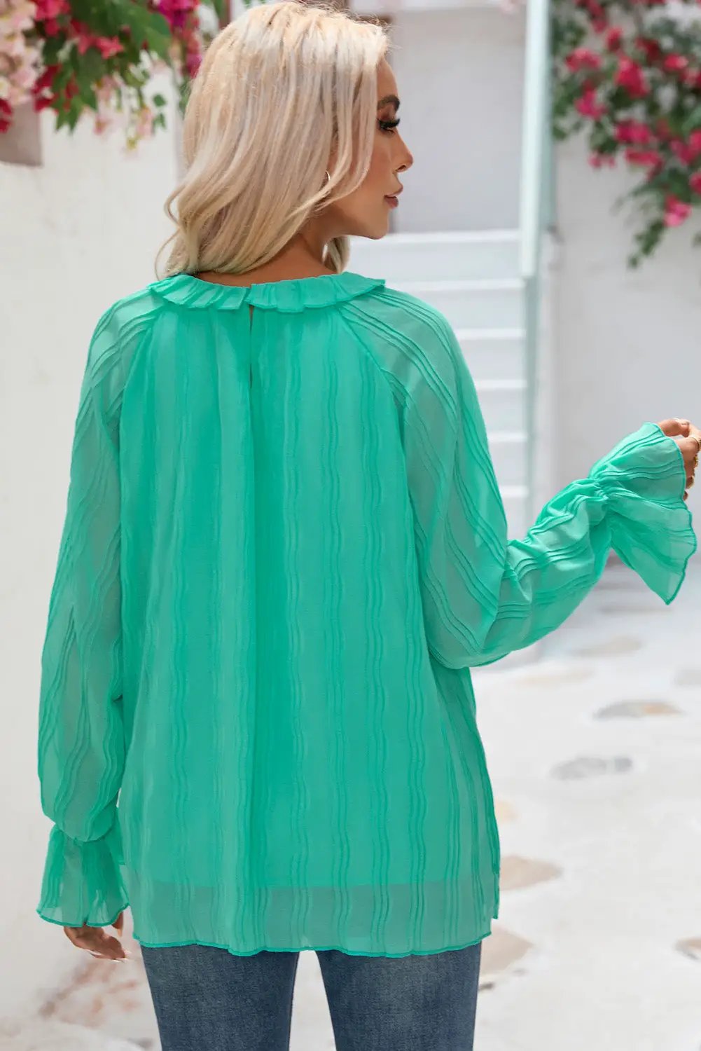 Grateful Threads Boutique Green Striking Pleated Flared Cuff Long Sleeve Blouse - Blouses Green Striking Pleated Flared Cuff Long Sleeve Blouse