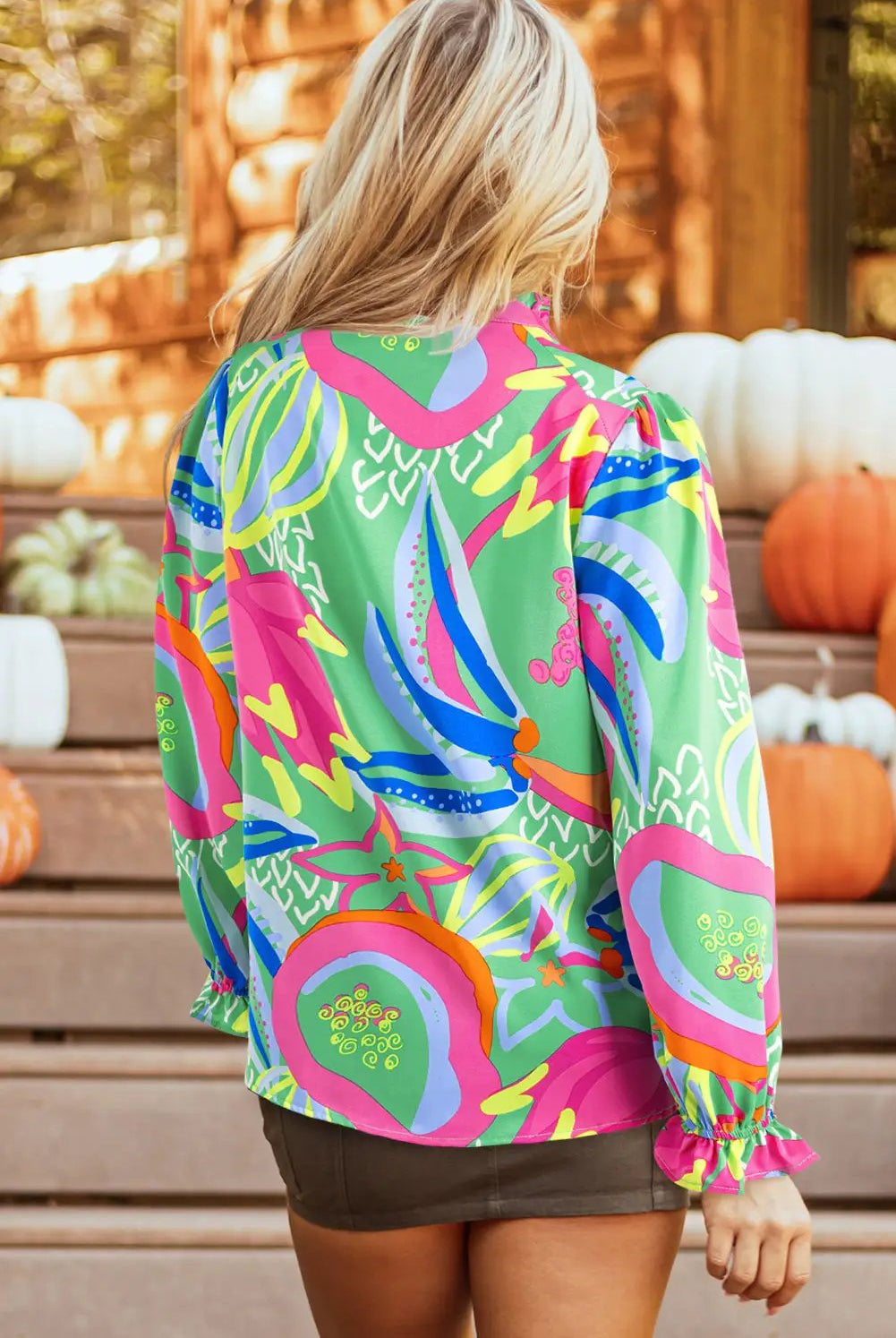 Grateful Threads Boutique Green Abstract Print Ruffled Sleeve Buttoned V Neck Blouse - Blouses Abstract half button blouse