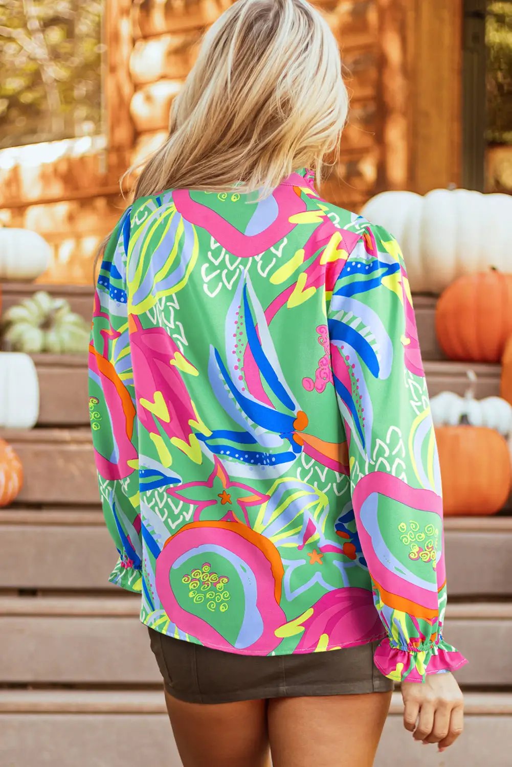 Grateful Threads Boutique Green Abstract Print Ruffled Sleeve Buttoned V Neck Blouse - Blouses Abstract half button blouse