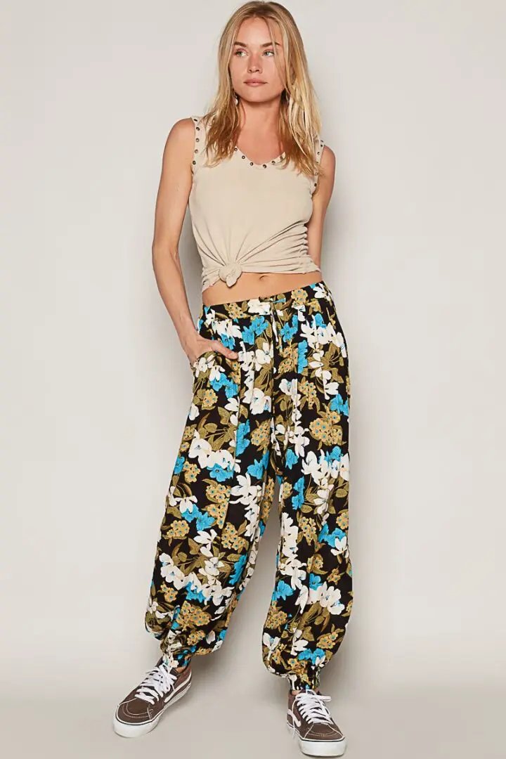 POL Adjustable Drawstring Waist Floral Print Harem Pants – Effortless Style & Comfort - Pants