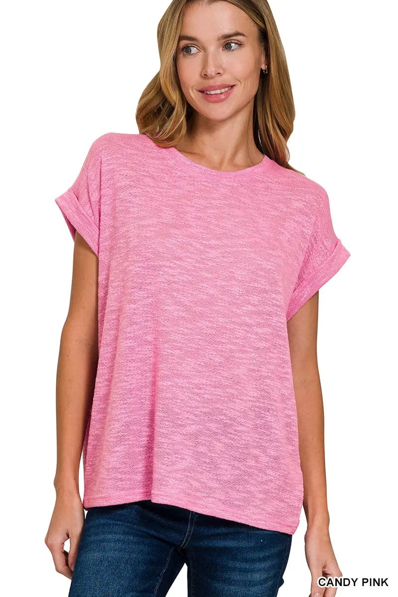 Zenana The Zenana Hacci Slub Rolled Up Sleeve Tee - T-Shirts