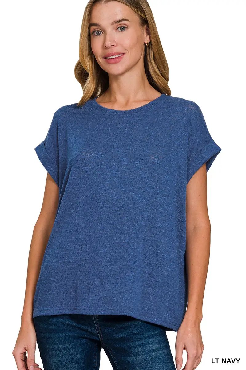Zenana The Zenana Hacci Slub Rolled Up Sleeve Tee - T-Shirts