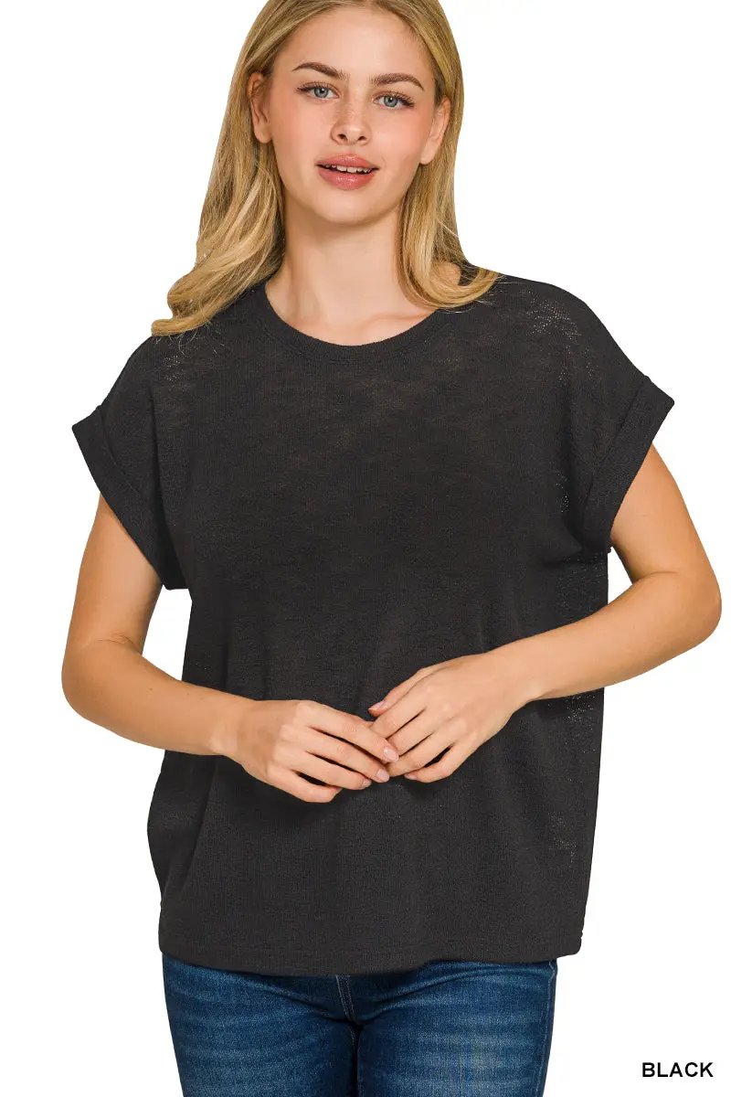 Zenana The Zenana Hacci Slub Rolled Up Sleeve Tee - T-Shirts