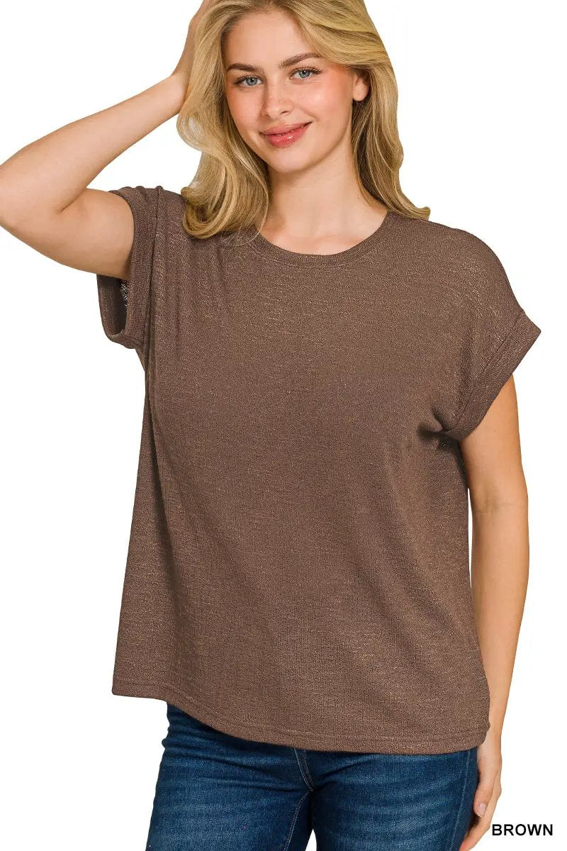 Zenana The Zenana Hacci Slub Rolled Up Sleeve Tee - T-Shirts
