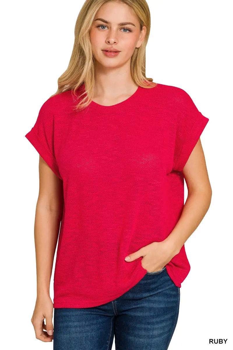 Zenana The Zenana Hacci Slub Rolled Up Sleeve Tee - T-Shirts