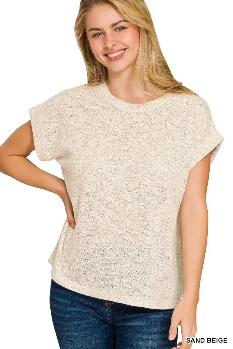 Zenana The Zenana Hacci Slub Rolled Up Sleeve Tee - T-Shirts