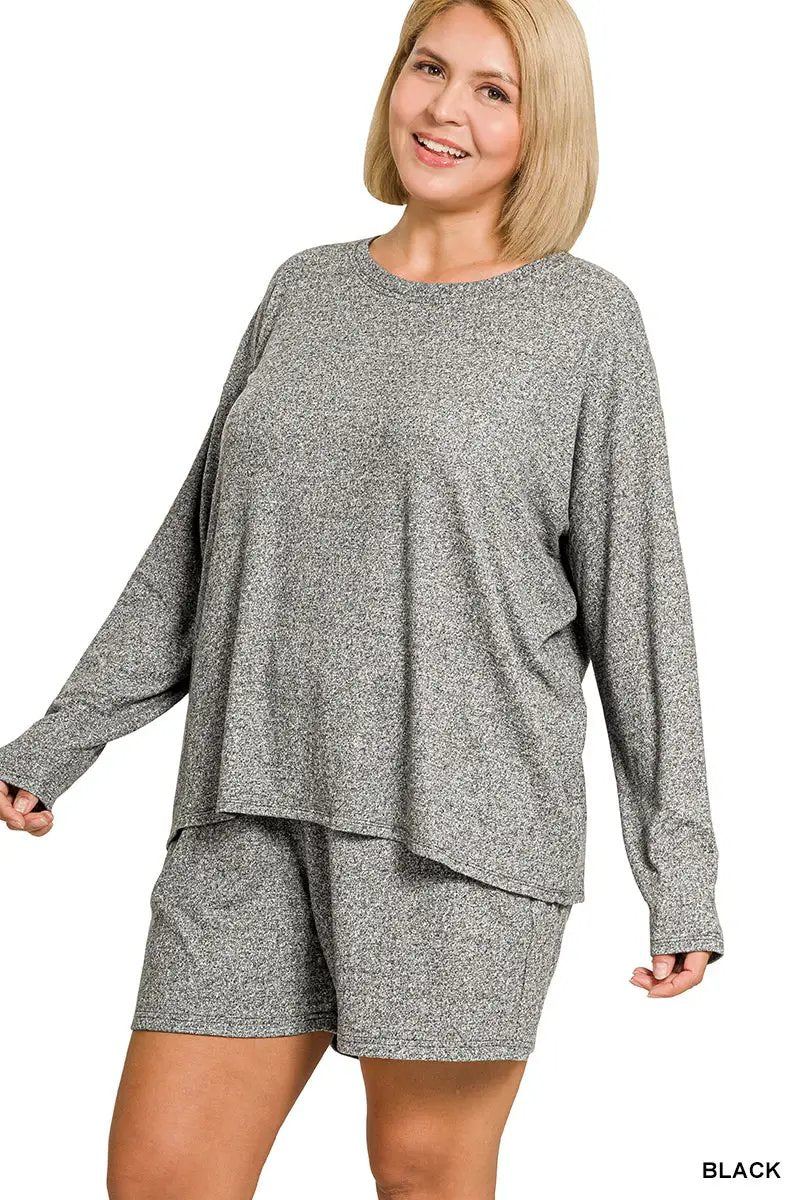 Zenana Zenana Plus Soft Melange Long Sleeve Tee & Shorts Set - Outfit Sets