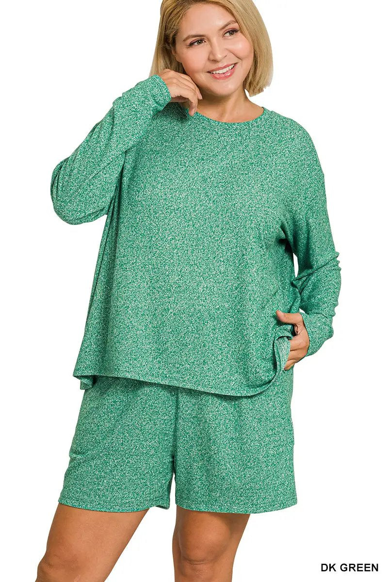 Zenana Zenana Plus Soft Melange Long Sleeve Tee & Shorts Set - Outfit Sets