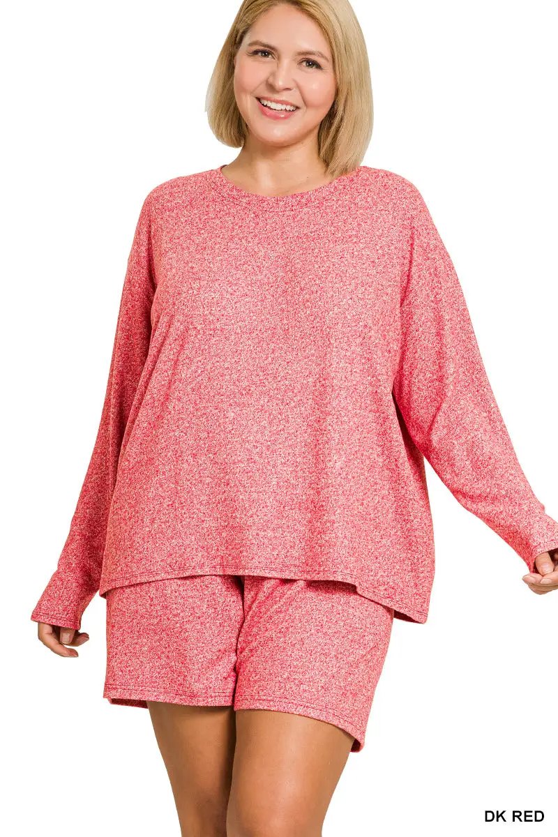 Zenana Zenana Plus Soft Melange Long Sleeve Tee & Shorts Set - Outfit Sets