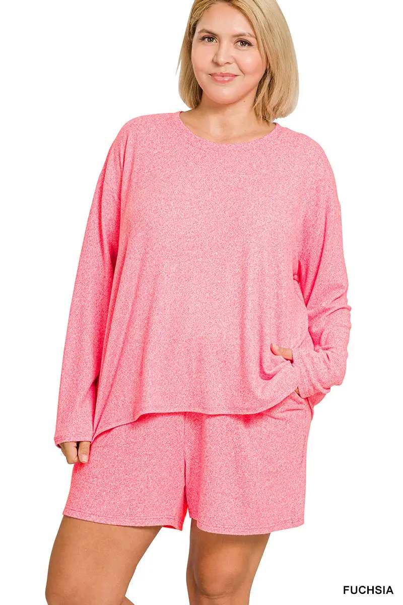 Zenana Zenana Plus Soft Melange Long Sleeve Tee & Shorts Set - Outfit Sets
