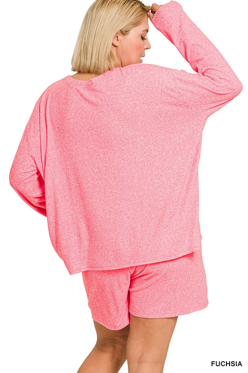 Zenana Zenana Plus Soft Melange Long Sleeve Tee & Shorts Set - Outfit Sets