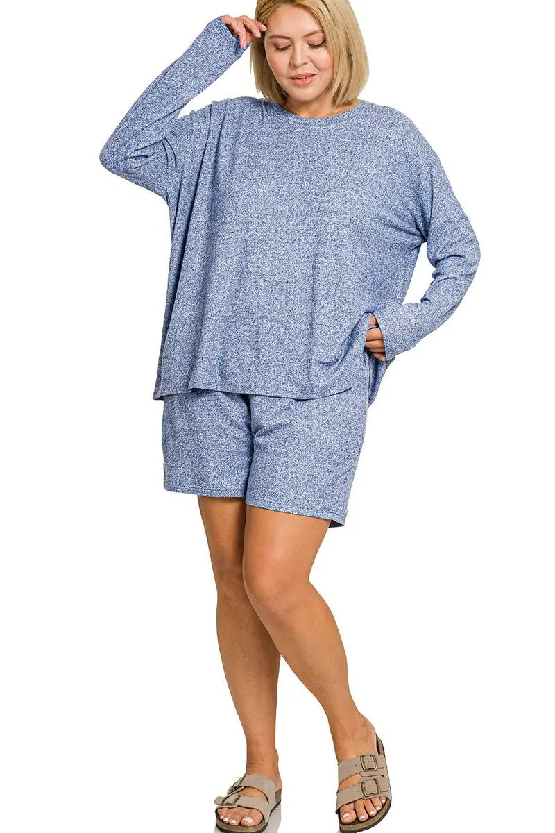 Zenana Zenana Plus Soft Melange Long Sleeve Tee & Shorts Set - Outfit Sets