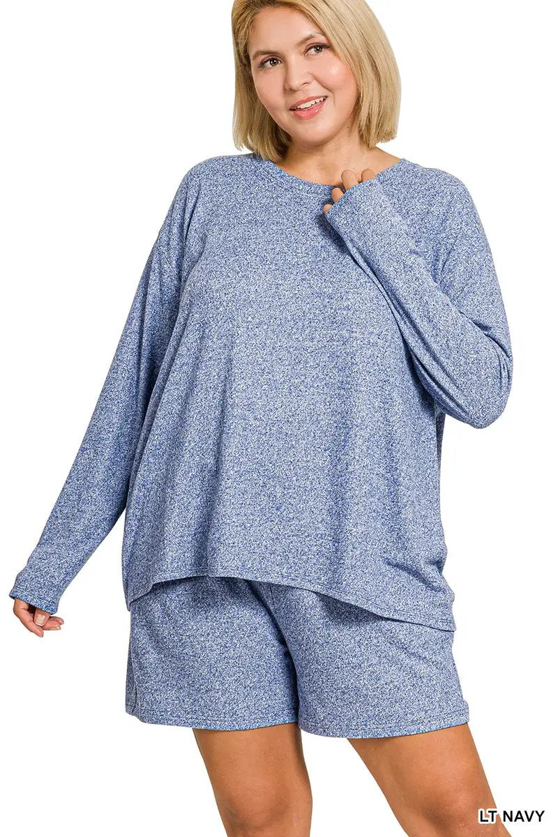 Zenana Zenana Plus Soft Melange Long Sleeve Tee & Shorts Set - Outfit Sets