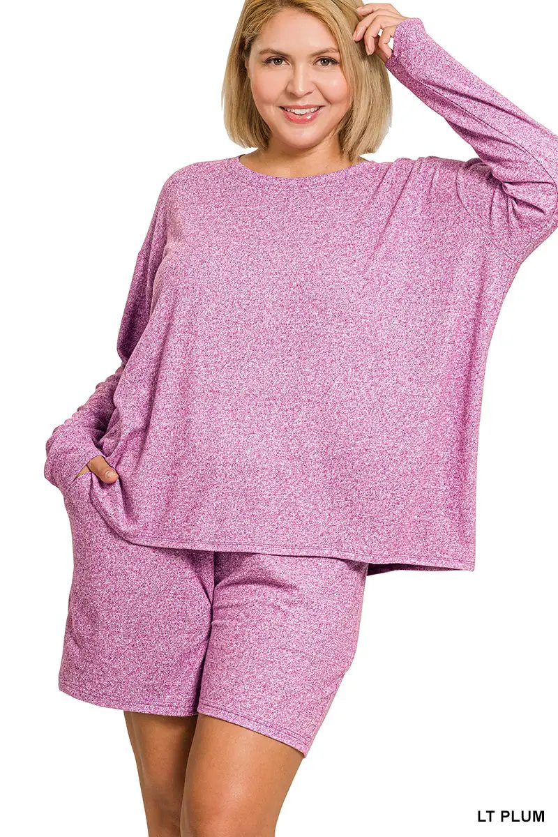 Zenana Zenana Plus Soft Melange Long Sleeve Tee & Shorts Set - Outfit Sets