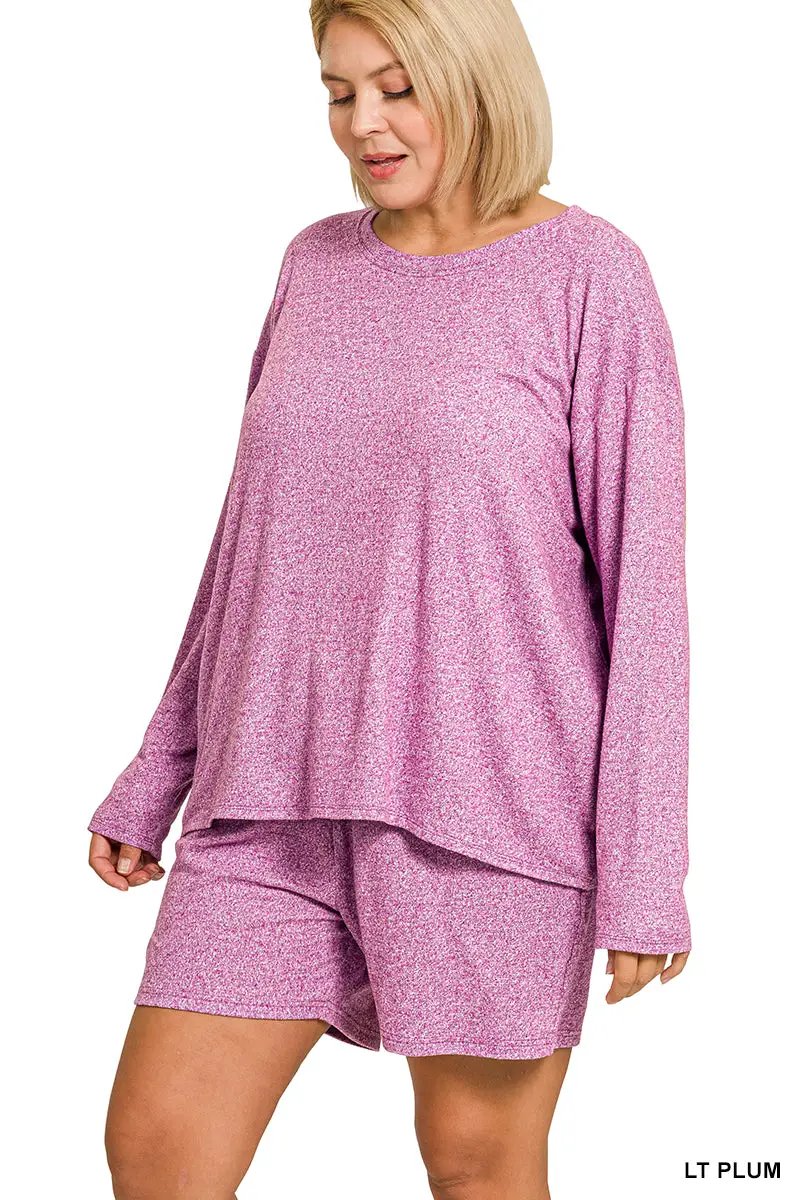 Zenana Zenana Plus Soft Melange Long Sleeve Tee & Shorts Set - Outfit Sets