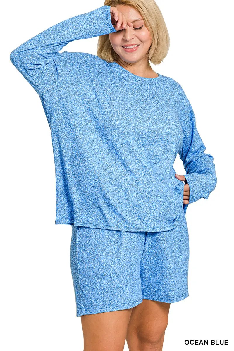 Zenana Zenana Plus Soft Melange Long Sleeve Tee & Shorts Set - Outfit Sets