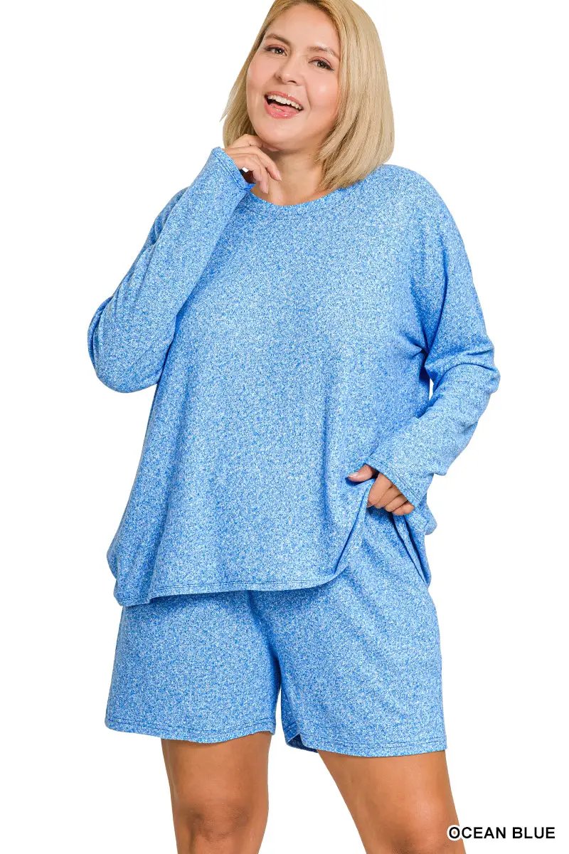 Zenana Zenana Plus Soft Melange Long Sleeve Tee & Shorts Set - Outfit Sets