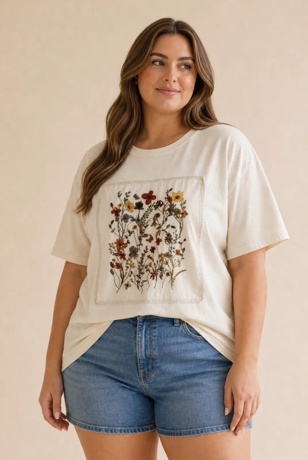 Haptics The Fields of Grace Patchwork Graphic Tee in Oatmeal – Curvy - T-Shirts