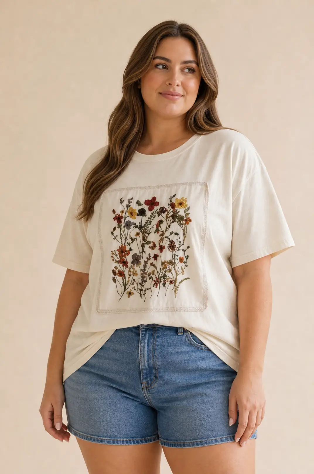 Haptics The Fields of Grace Patchwork Graphic Tee in Oatmeal – Curvy - T-Shirts