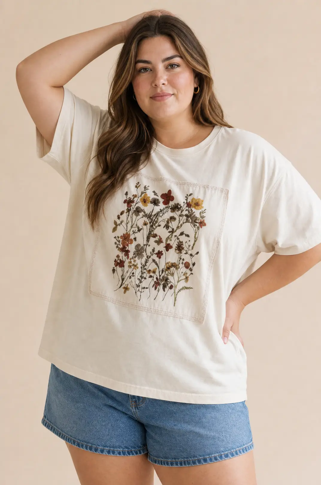 Haptics The Fields of Grace Patchwork Graphic Tee in Oatmeal – Curvy - T-Shirts