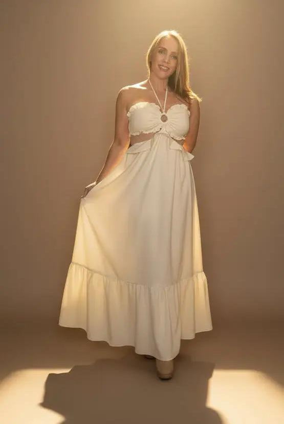 Endless Blu Endless Blu Ivory Cut-Out Ruffled Maxi Halter Dress - One-Pieces
