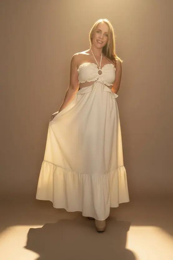 Endless Blu Endless Blu Ivory Cut-Out Ruffled Maxi Halter Dress - One-Pieces