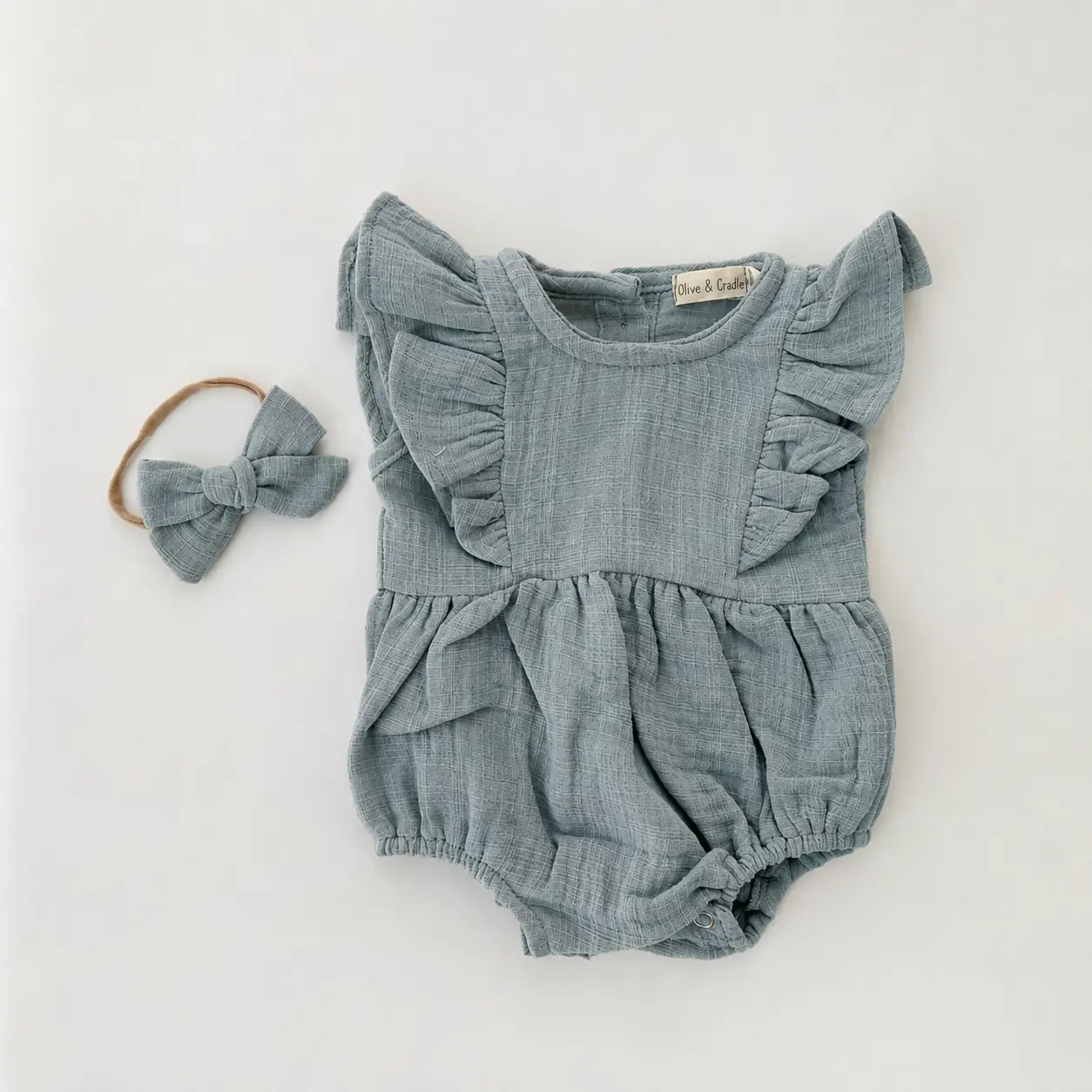OLIVE & CRADLE The Sweet Pea Ruffle Bubble Romper + Bow Set - Baby One-Pieces