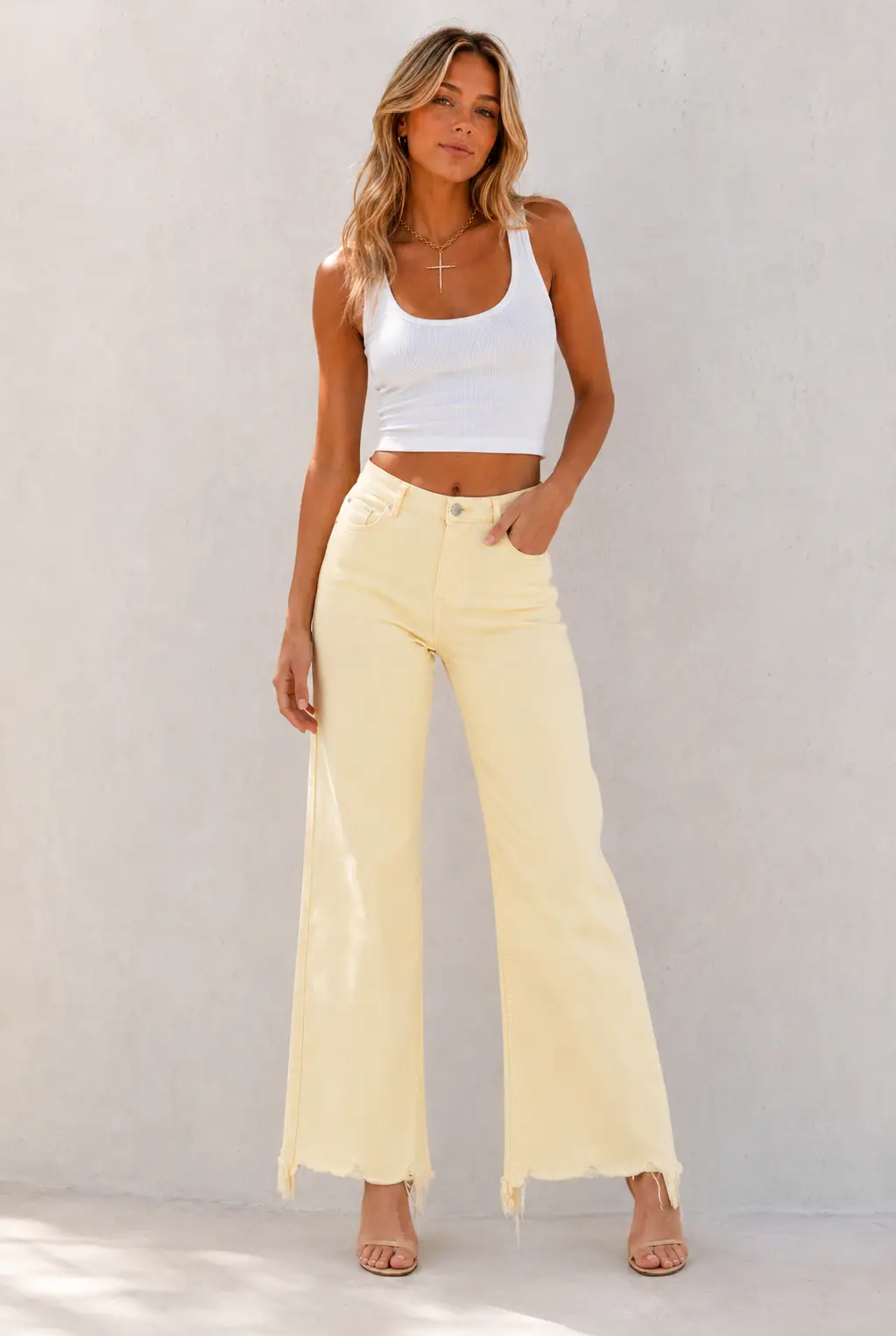 RISEN The High Rise Wide Leg Frayed Hem Jeans: Pale Yellow - Jeans