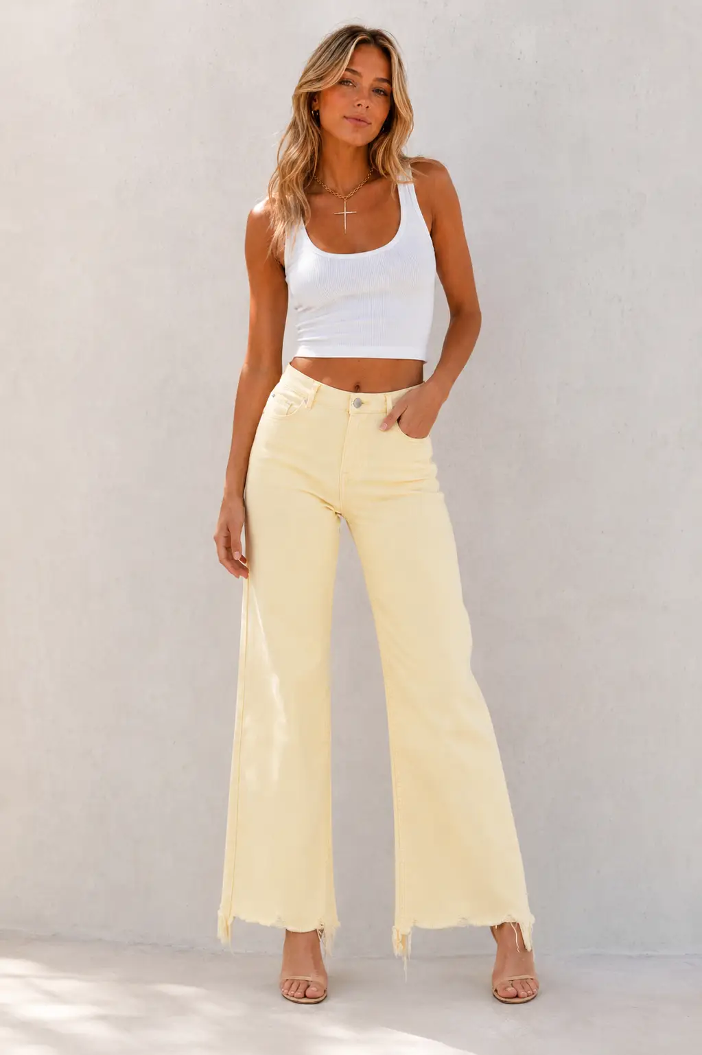 RISEN The High Rise Wide Leg Frayed Hem Jeans: Pale Yellow - Jeans