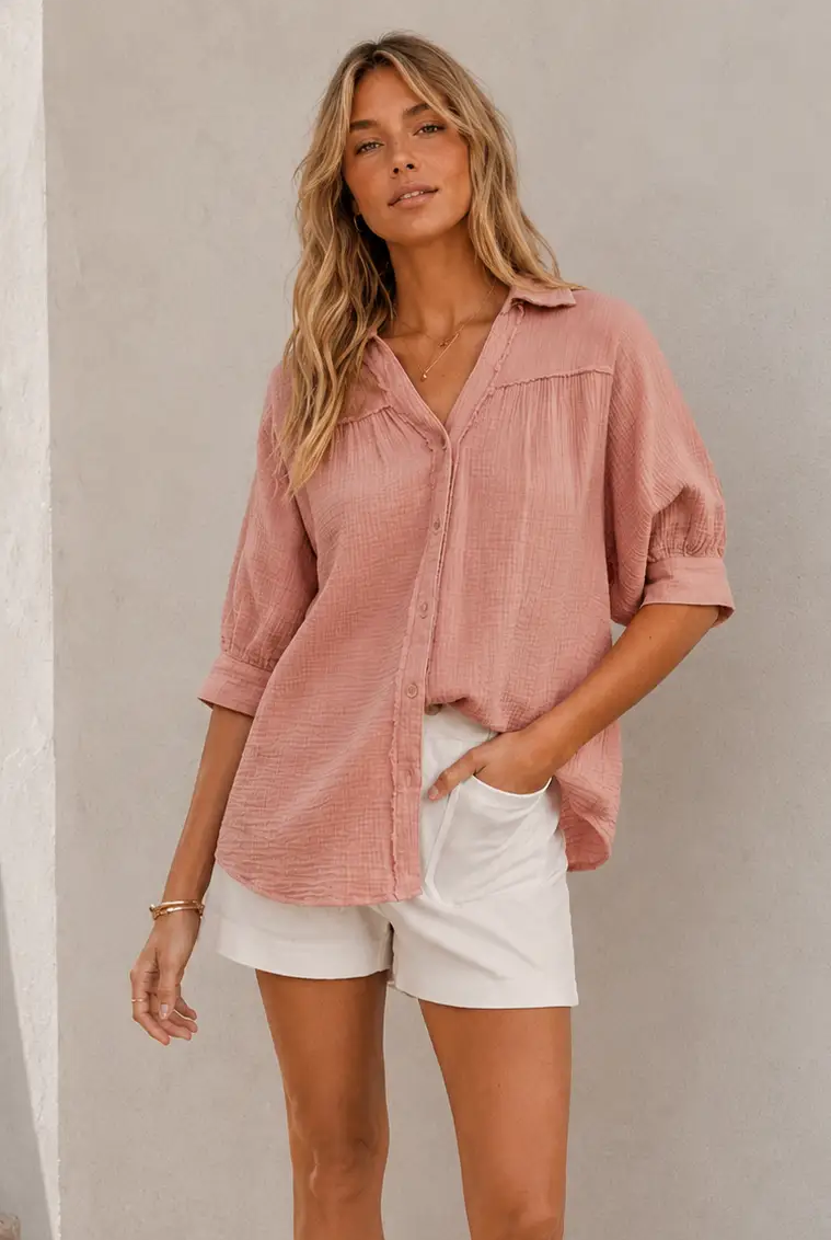 in february The Mineral-Washed Cotton Gauze Button-Down: Salmon - Shirts