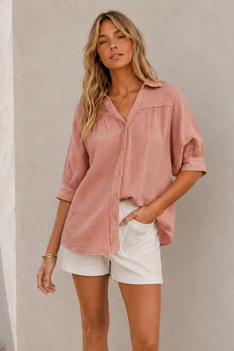 in february The Mineral-Washed Cotton Gauze Button-Down: Salmon - Shirts