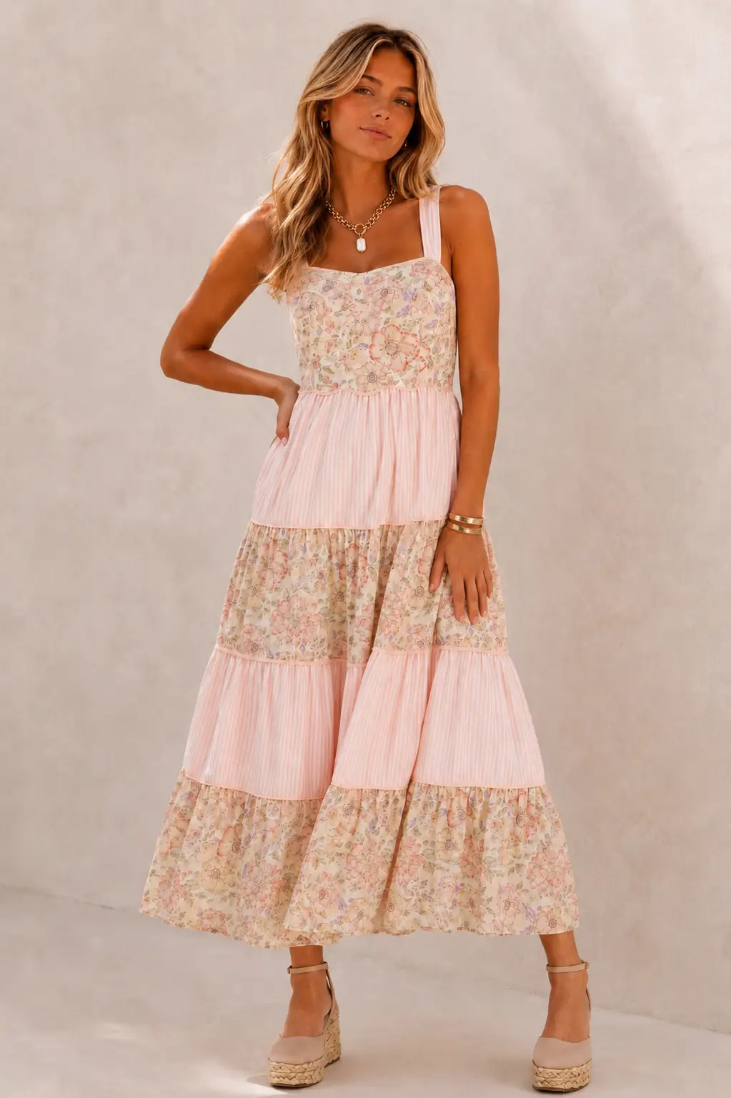 in february The Dreamy Tiered Patchwork Midi Dress: Peach Multi - Dresses