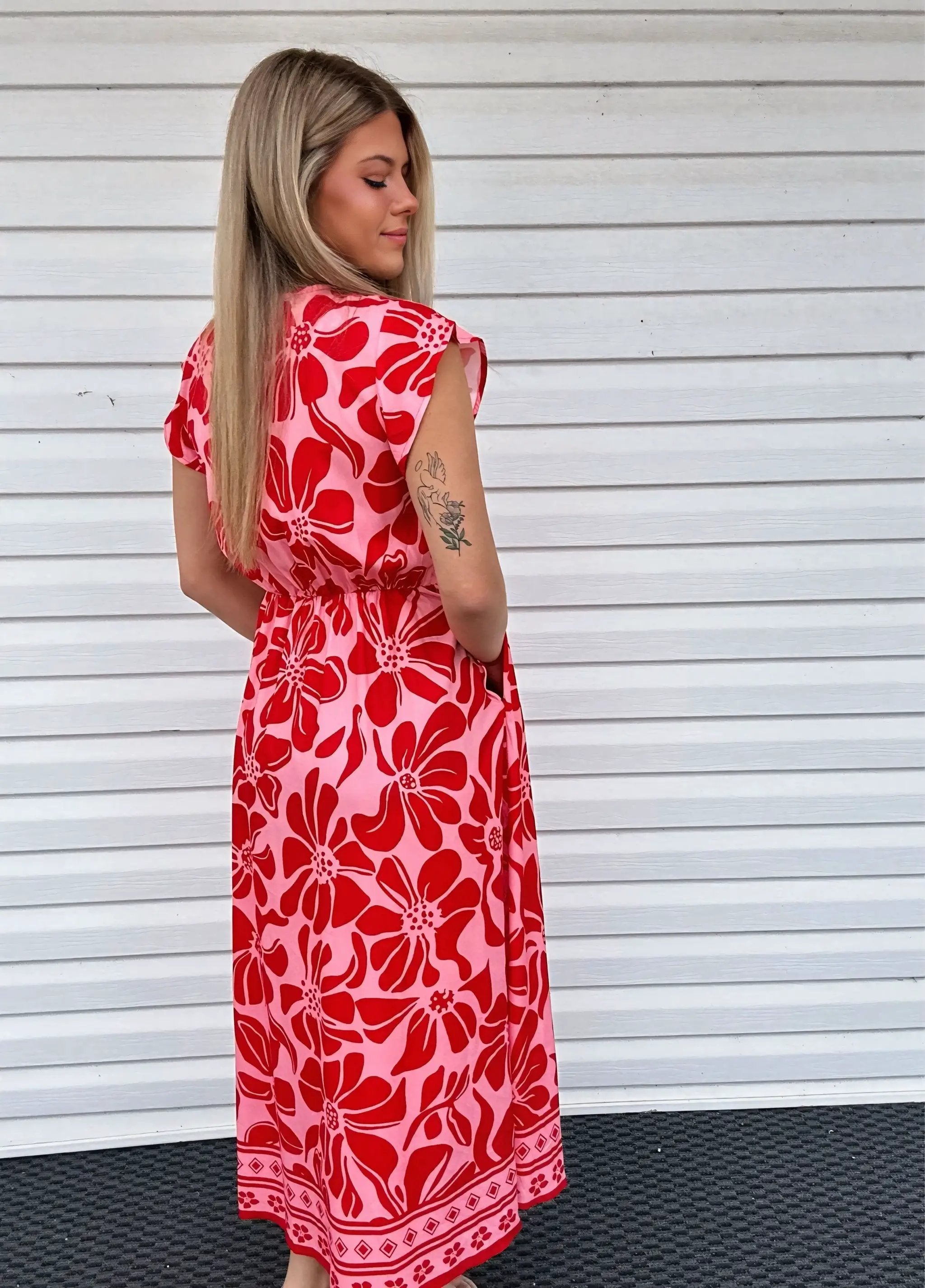 Grateful Threads Boutique Red Boho Floral Short Sleeve V-Neck Buttoned Shirred Waist Long Dress - Dresses Red Boho Floral Short Sleeve V Neck Buttoned Shirred Waist Long Dress