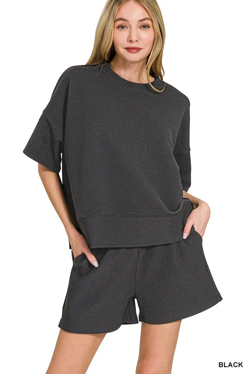 Zenana The Weekend Reset Ribbed Set: Black - Outfit Sets