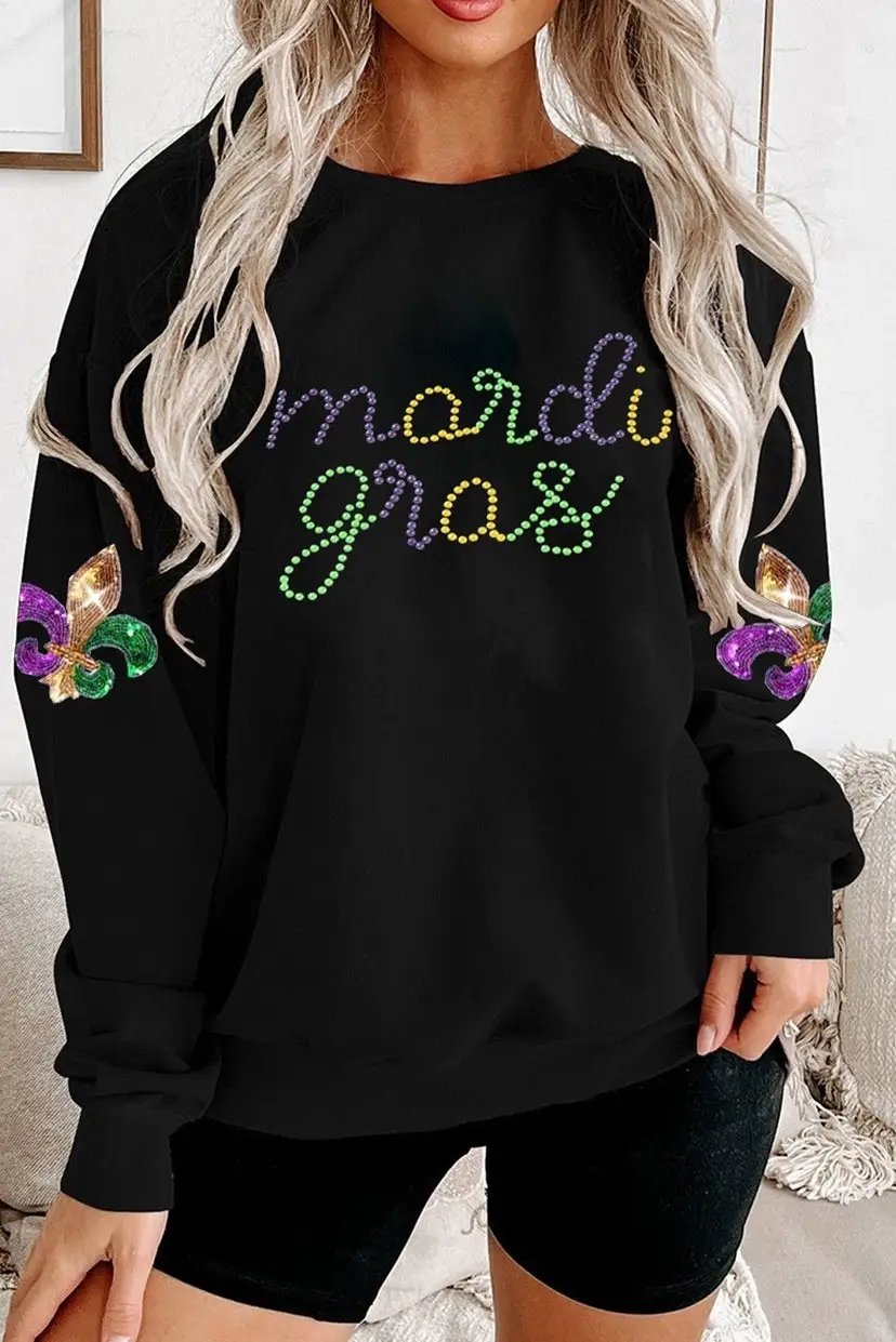 Little Daisy Closet Mardi Gras Sparkle Script Diamond Sweatshirt - Sweatshirts