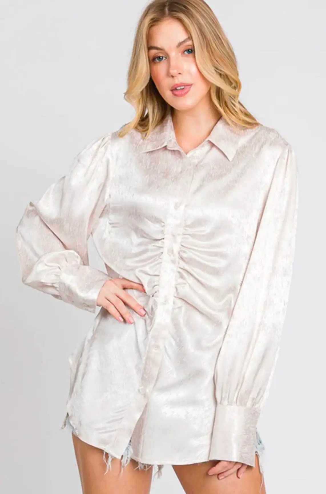 Sewn + Seen Ruched Button Down Shirt - Blouses
