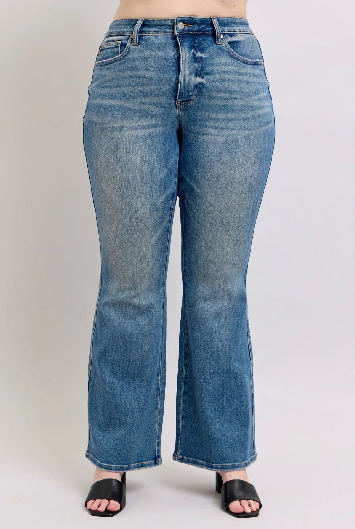 Judy Blue The Mid Rise Tummy Control Vintage Wash & Back Shield Pockets Flare Denim Jeans - Jeans Judy Blue Boot Cut Jeans PLUS