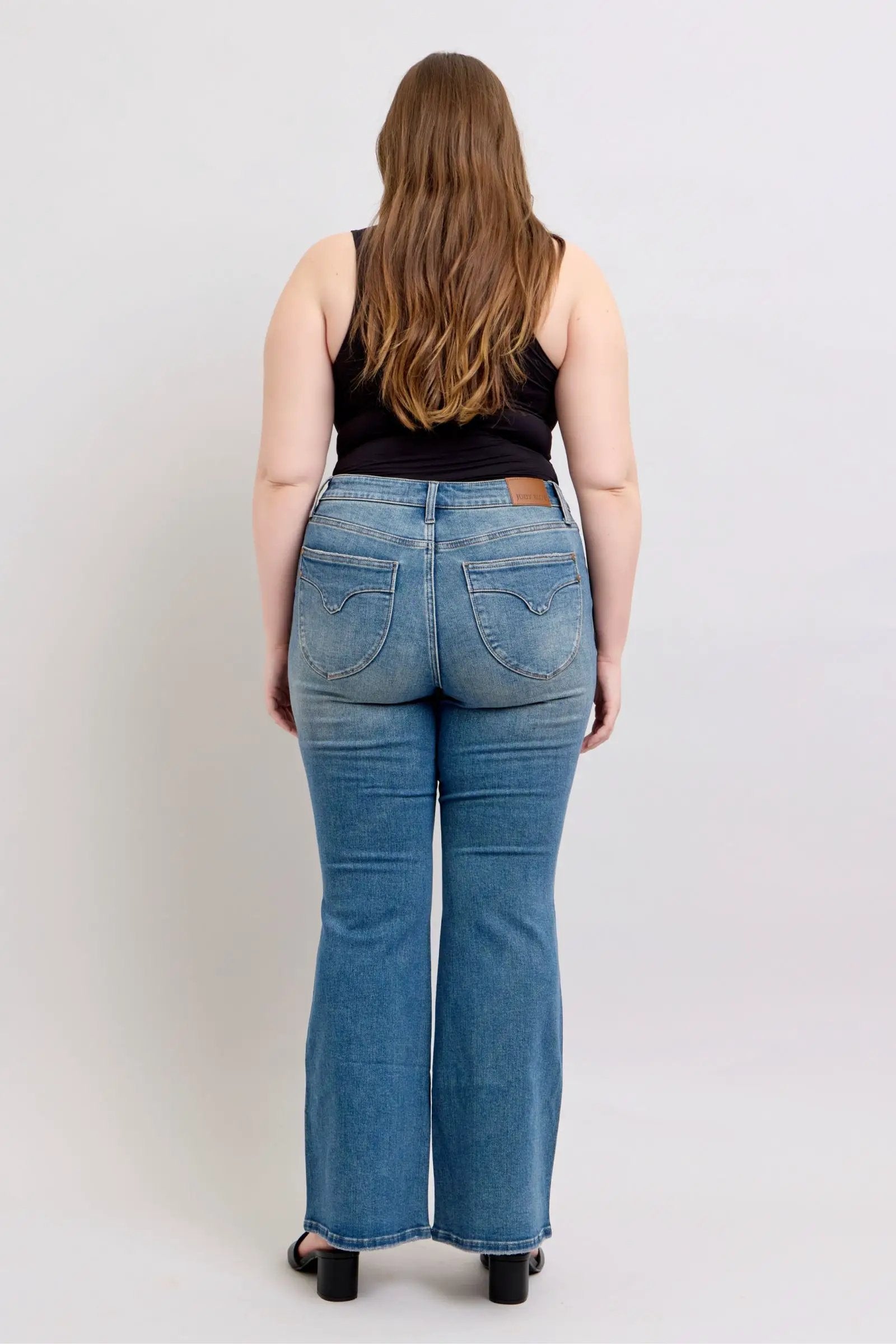 Judy Blue The Mid Rise Tummy Control Vintage Wash & Back Shield Pockets Flare Denim Jeans - Jeans Judy Blue Boot Cut Jeans PLUS