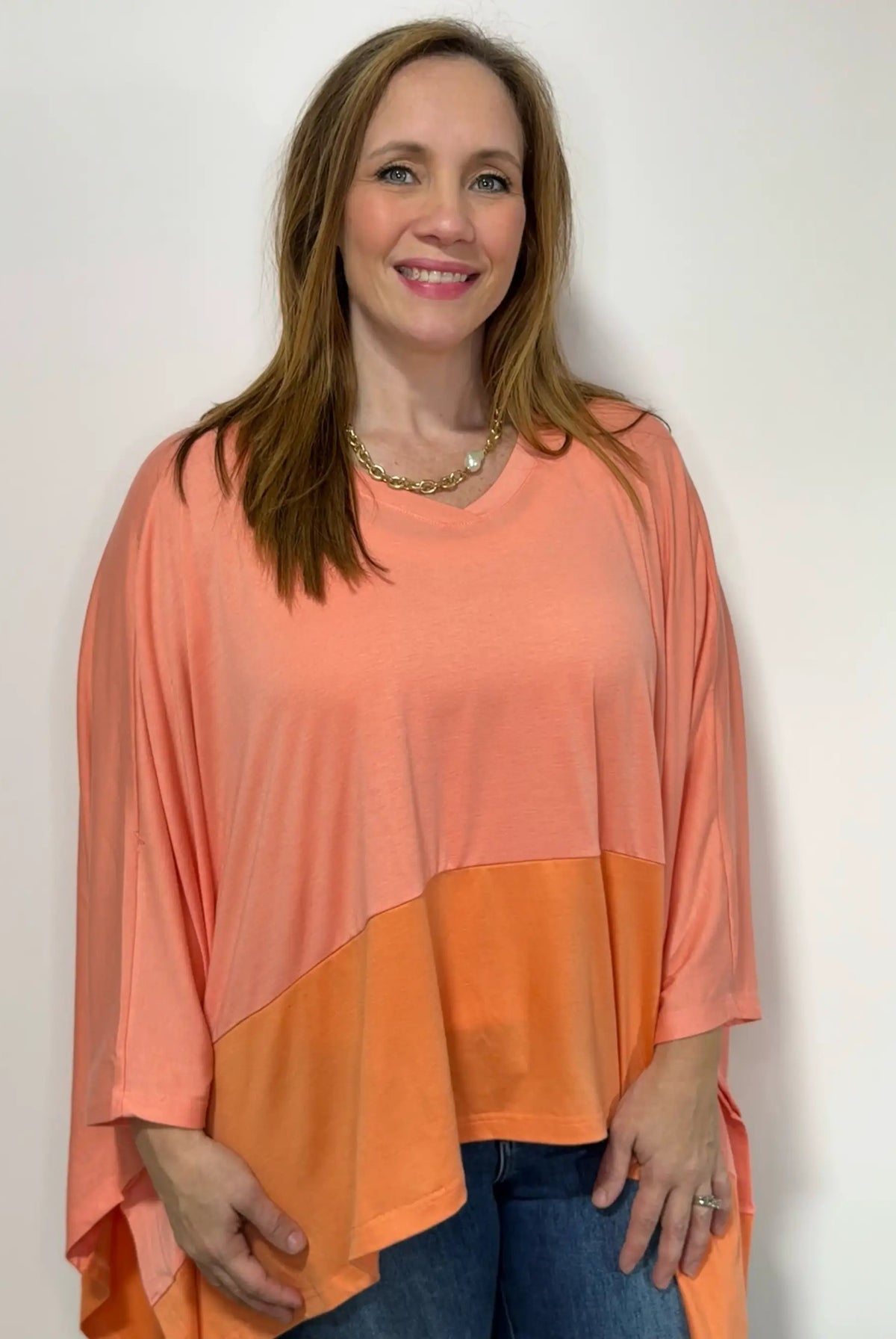 Grateful Threads Boutique Grapefruit Orange Contrast Color Patchwork Oversized Side Split Top - Clothing Tops