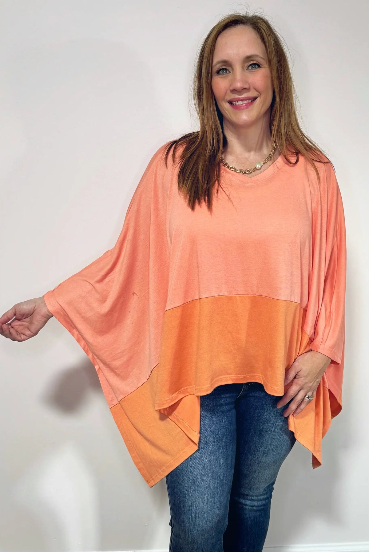 Grateful Threads Boutique Grapefruit Orange Contrast Color Patchwork Oversized Side Split Top - Clothing Tops